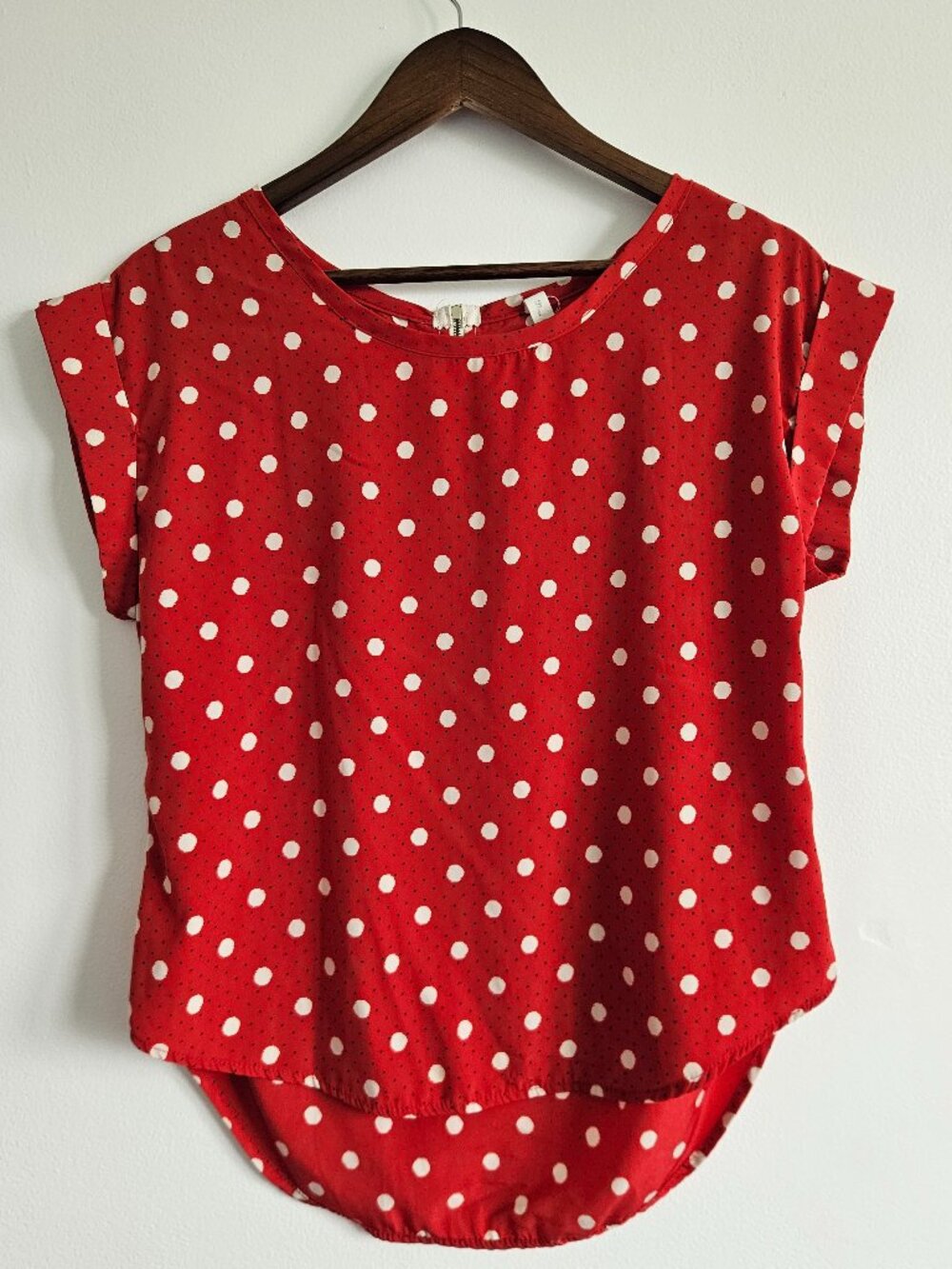 Mind Code S Small Red and White Blue Polka Dot Top Blouse Cap Sleeves